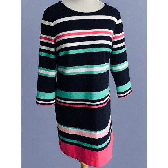 Crown & Ivy Womens Quarter Sleeve Back Zip Striped Navy Knee Length Dress Medium - Picture 7 of 9